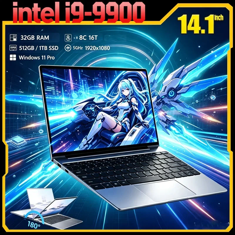 New Intel I9-9900 Ultra Slim Windows 11 Laptop Computer 14.1"32GB RAM 512GB 1TB SSD Notebook Gamer 1920*1080 Office Computer PC