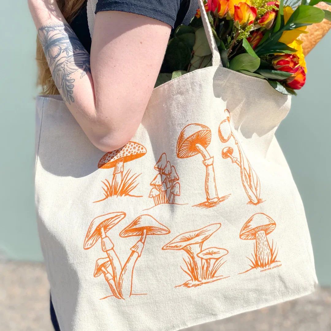 Retro Orange Mushroom Line Art Canvas Tote Handbag Cottagecore  Versatile Reusable Grocery Handbag for Women Girls Daily Use