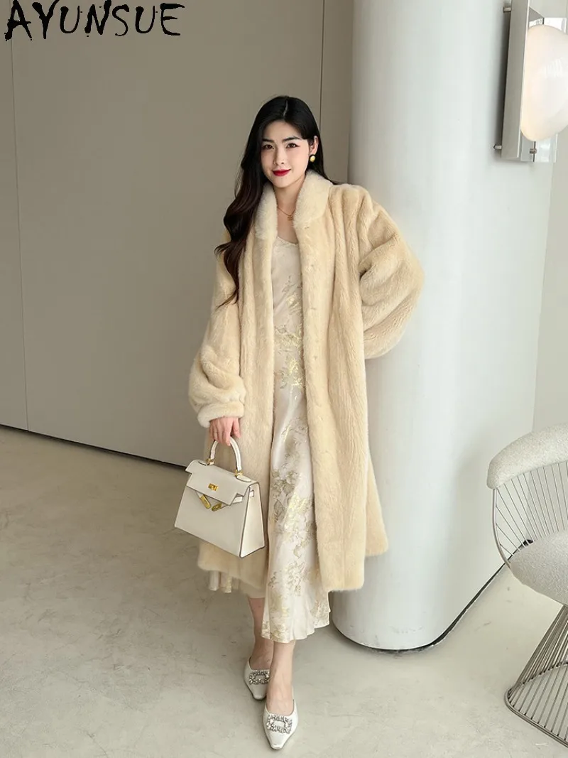 AYUNSUE Natural Purple Label Full Skin Mink Fur Womens Stand Collar Knee-length Slim Fit Mink Fur Jacket Female Winter Clothing
