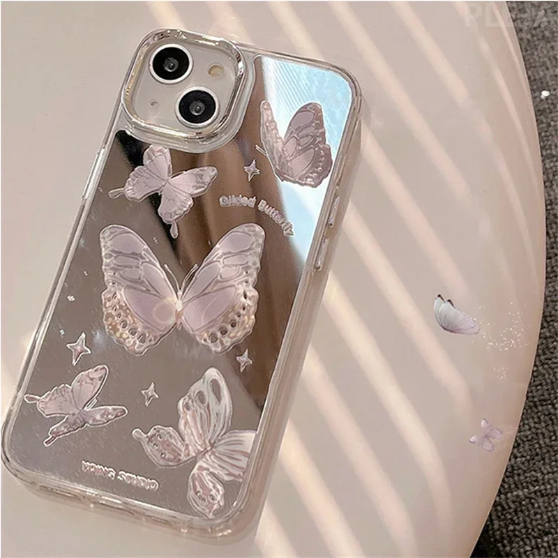 Bling Mirror Silver Butterfly Cute Phone Case for Apple iPhone 16 15 14 ProMax 13 12 Pro Max 11 Cover Protective Women Soft Case