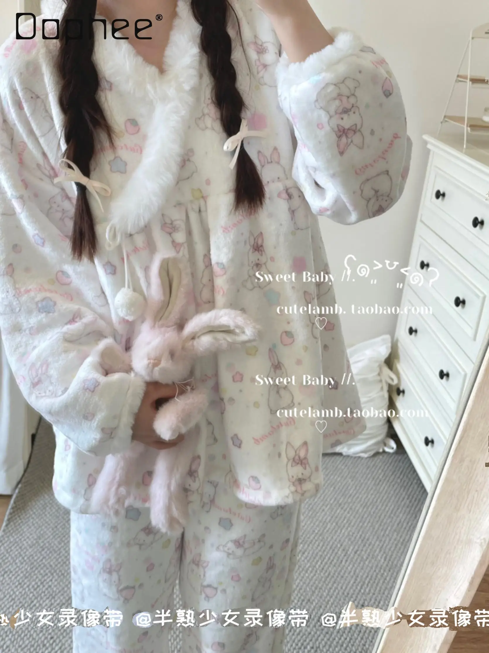 Flannel Autumn and Winter Cute Cartoon Pajama Sets Pullover V Neck White Loungewear Warm Rabbit Printed Kawaii Thick