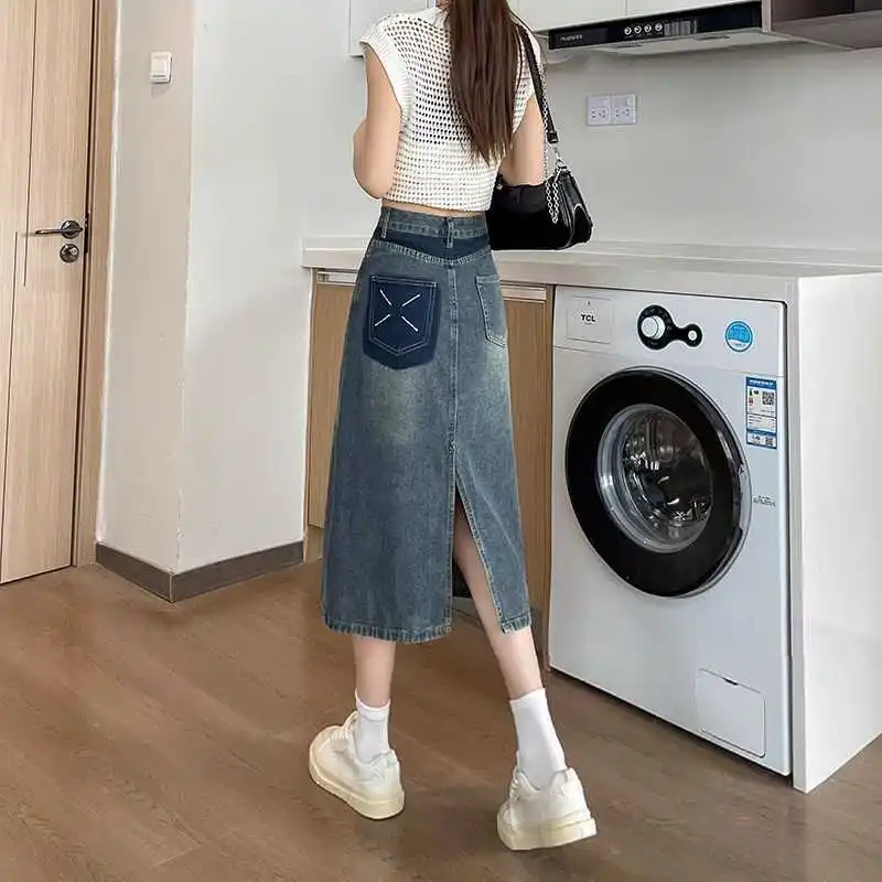 Spring Summer New Retro Color Block High Waist  Midi Denim Skirt Women's A-Line Sleeveless Vintage Style Commute Korean