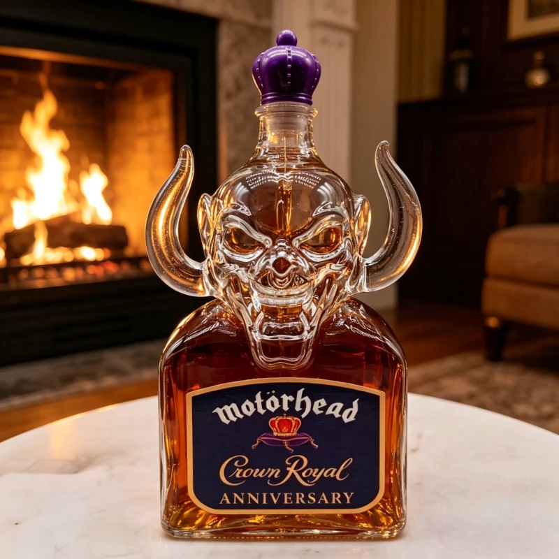Motörhead Anniversary Skull Liquor Bottle, Heavy Metal Themed Collectible Glass Decanter Gift