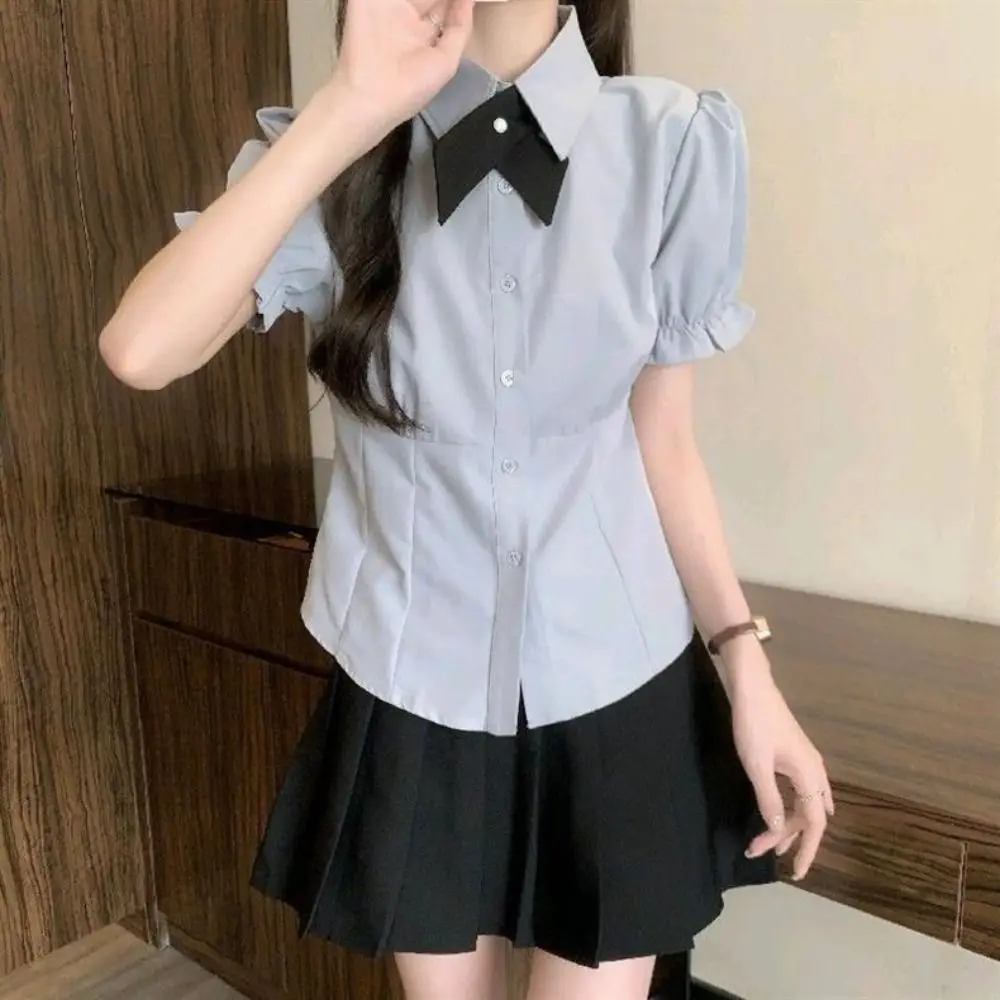Bowknot JK Short Sleeve Shirts Y2K Preppy Style Slim Blouse Women Puff Sleeve Crop Top Sweet Girls Shirts Streetwear