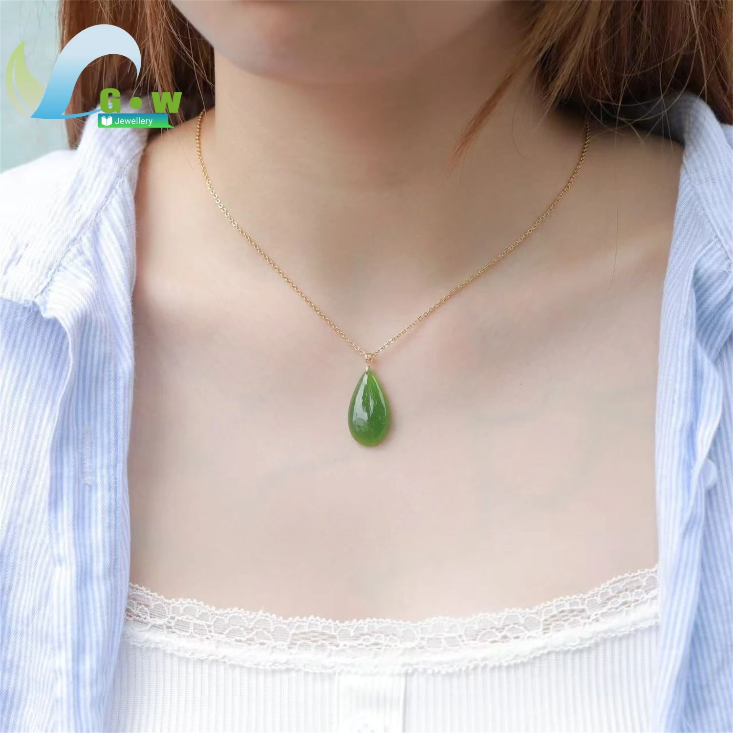 Natural Green Jade Teardrop Pendant Oily Smooth Hollow Clasp Necklace Women's Exquisite Retro Ethnic Style Jewelry Gift