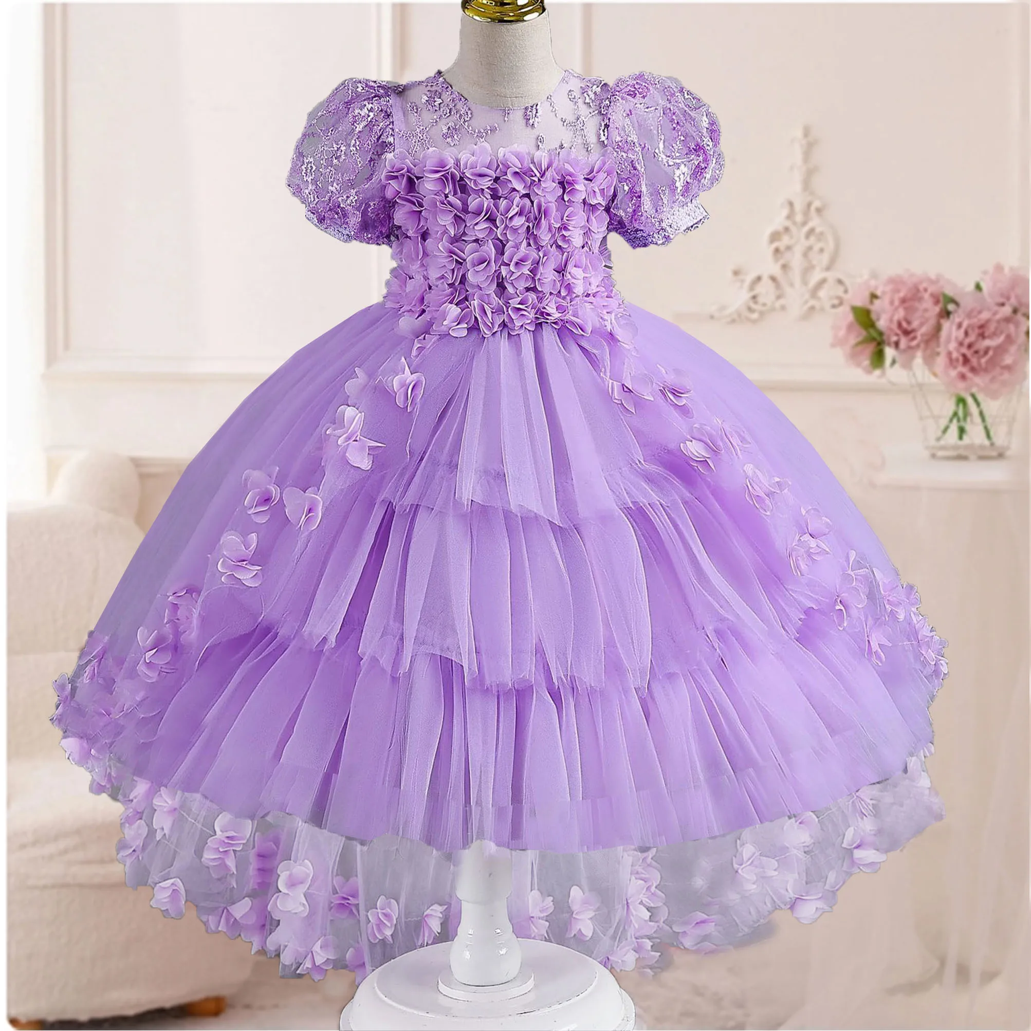 

Elizabeth Fashion Little Girls 3D Flower Girl Wedding Bridesmaid Dress Birthday Party Pageant Hi-Lo Gown AT122