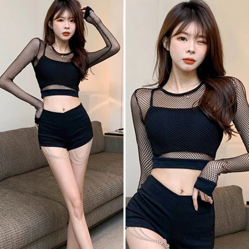 Kpop Girl Group Y2k Street Dance Hip Hop Outfit Women Mesh Hollow T-shirt Crop Tops Black Slim Shorts Music Festival Stage Wear