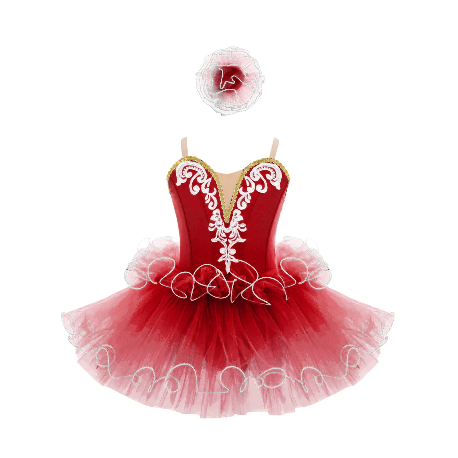 Girls Ballet Tutu Dress Swan Lake Pancake Ballerina Dance Costume Adjustable Strap Embroidery Bodice Layered Dress and Headwear