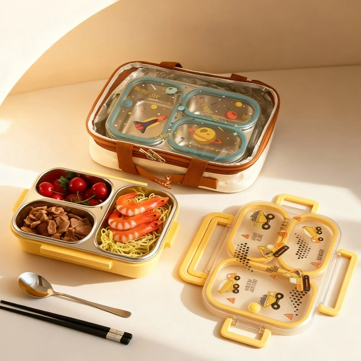 Large Capacity Cartoon Children Lunch Box With Handle Portable Leak Proof 304 Stainless Steel Divided Food Container Heatable view 3