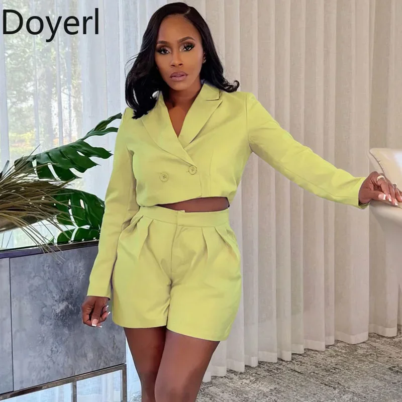 Doyerl Office Lady Short Sets Woman Clothing 2 Pieces Set Elegant Double-breasted Blazer Coat and Shorts Work Wear Matching Sets