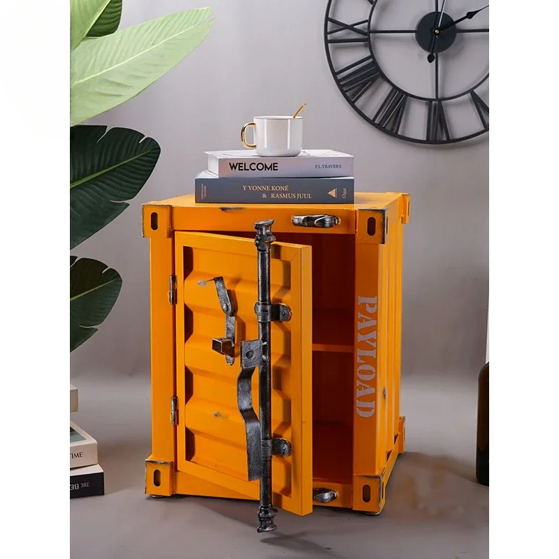 Retro Container Iron Bedside Table with Lock Storage Drawer Metal Bed Cabinet Nightstand Safe Box Home Hotel Bedroom Furniture