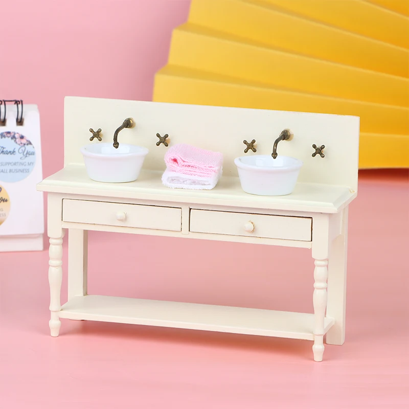 1:6 1:12 Dollhouse Miniature Wooden Bathroom Sink Cabinet Kitchen Wash Basin Drawer Furniture Model Decor Toys Accessory