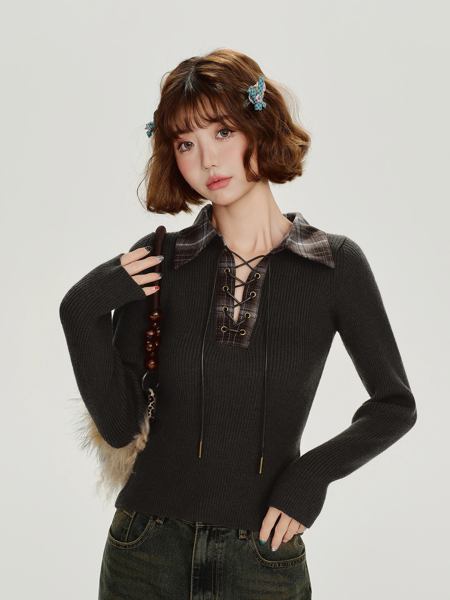 

Женский вязаный свитер в клетку в американском ретро-стиле, осенняя новинка, приталенный крой, модный дизайн