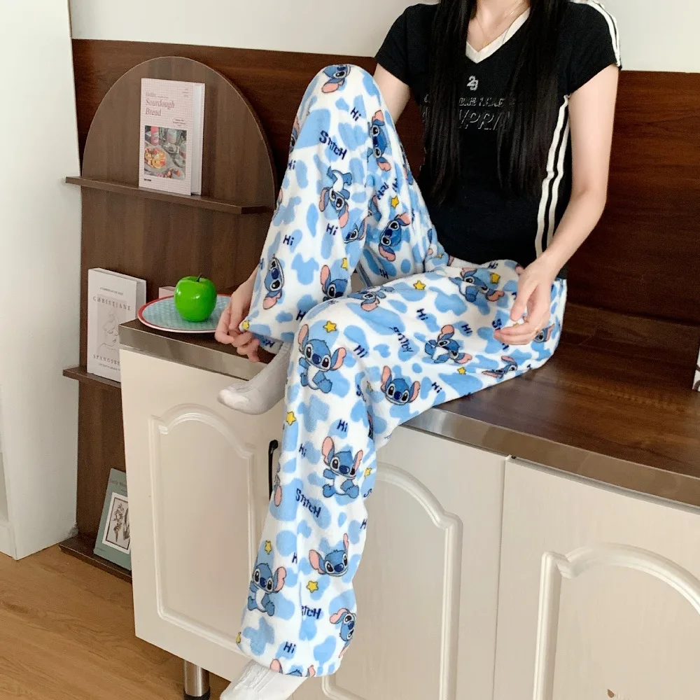 Disney Stich Frauen Flanell Schlaf Hosen Winter Herbst Verdickte Fleece Warme Pyjama Bottoms Gemütliche Loungewear Hosen Mädchen Geschenke