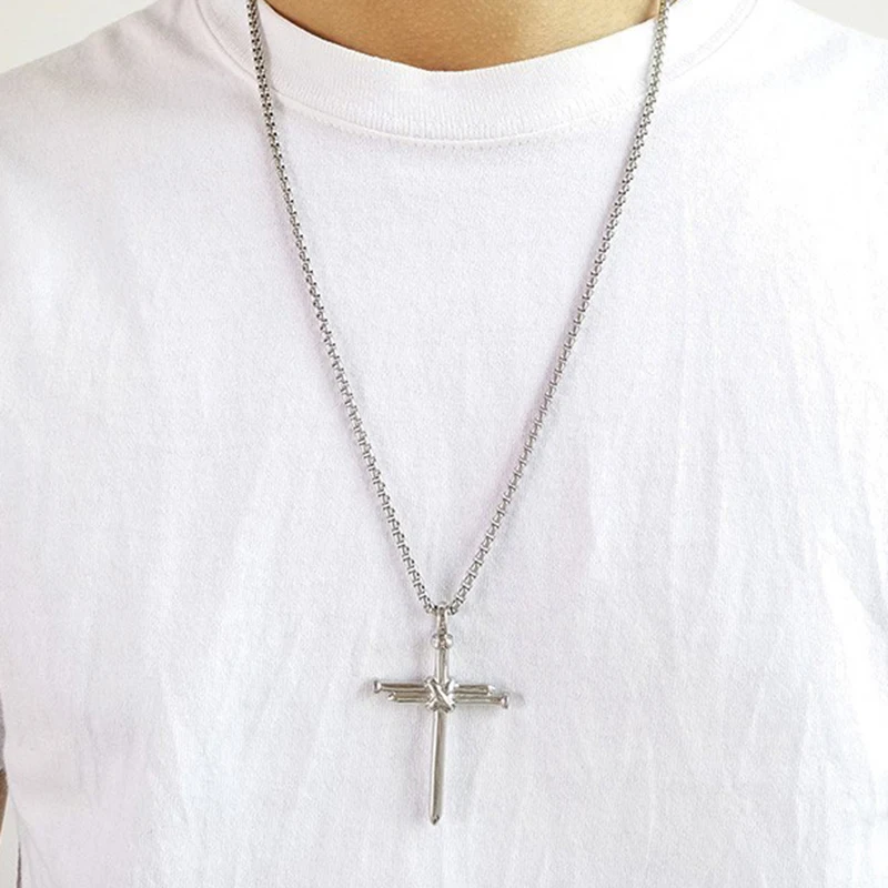 Nail Cross Pendant Necklace For Men Hip Hop Punk Style Silver Color Stainless Steel Chain Christian Church Baptism Party Jewelry