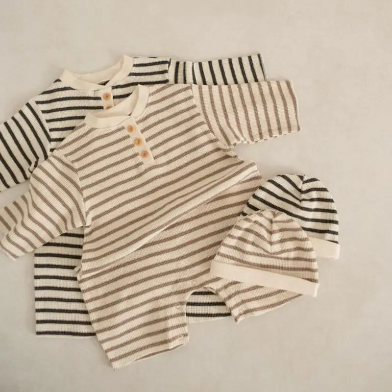 

Новинка Весна 2026: Детский комбинезон-ромпер с длинным рукавом в полоску + шапочка, хлопок, вафельный, повседневный, для новорожденных мальчиков и девочек, 0-24 месяца