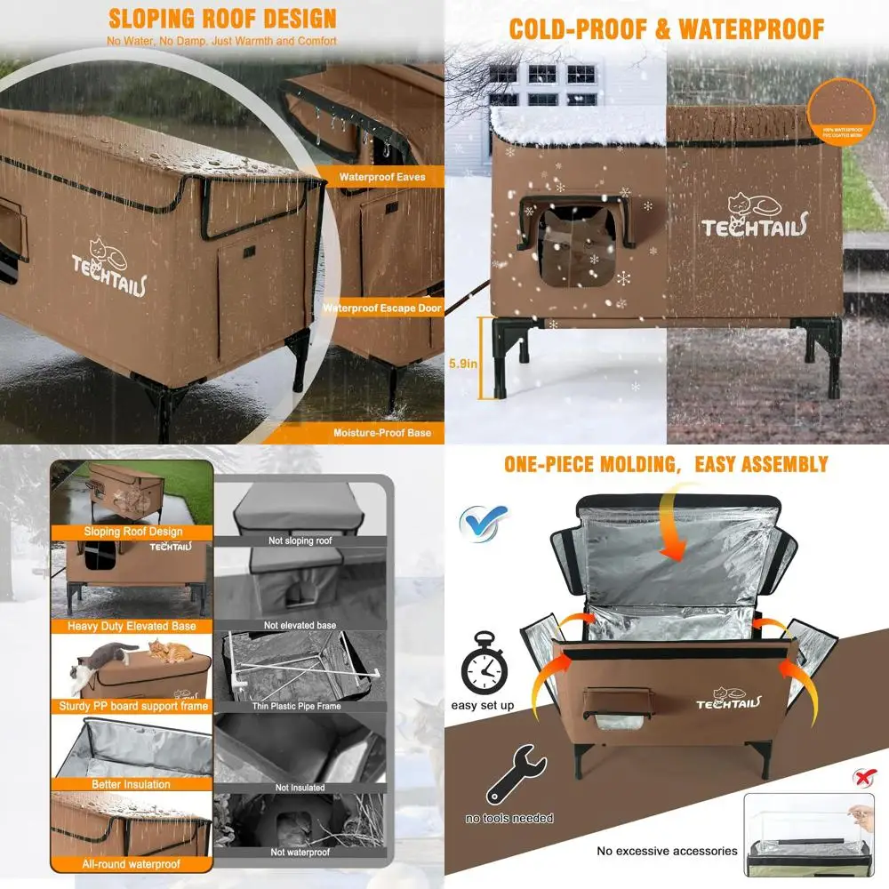 

Изолированное укрытие для кошек на открытом воздухе с наклонной крышей, грелками и дверью для побега для защиты от зимы