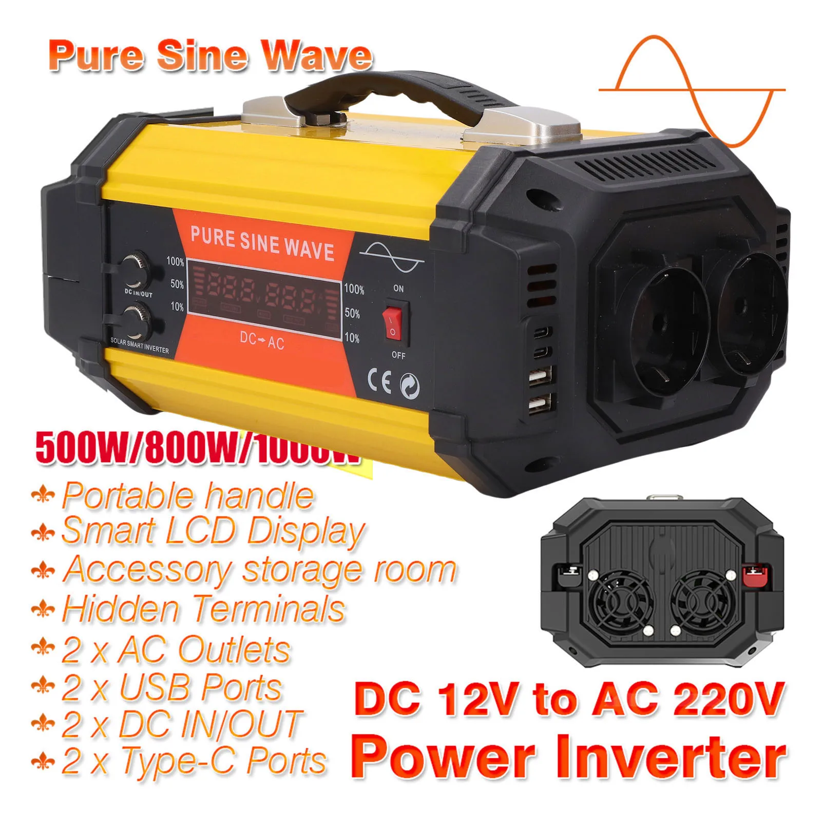 

Pure Sine Inverter 500W Digital LCD Display 12V To 220V Inverter Two AC Outlets Double USB Ports for Electrical Appliance