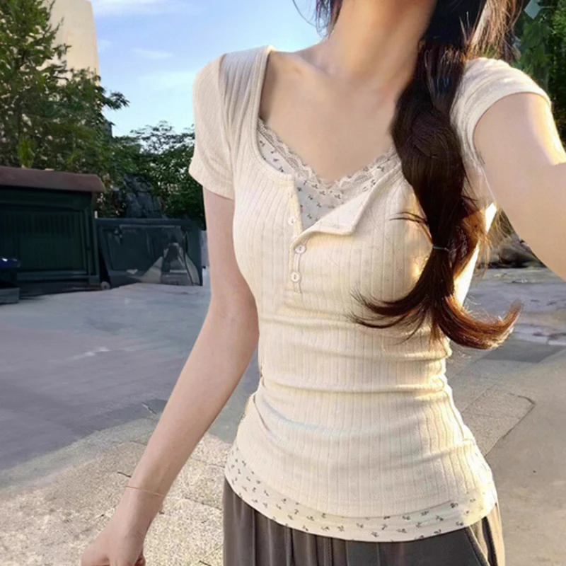 T-shirts Vrouwen Nep 2 Stuks Slanke All-Match Dagelijks College Casual Koreaanse Mode Zomer Korte Mouwen Tops Trendy harajuku Hotsweet