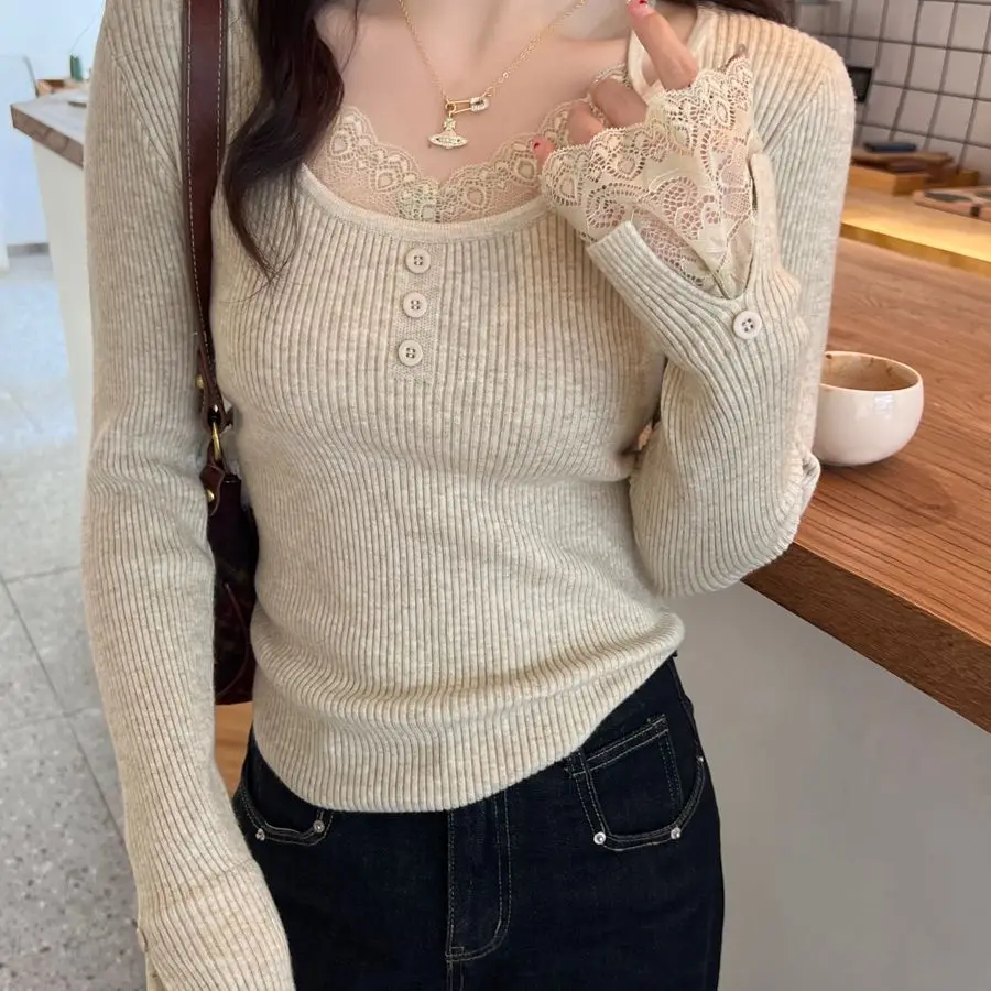 Design Slim Pullover Top Lace Knit T-shirt Women Layering Shirt Autumn O-neck Sweater Long-sleeved Sweaters Y2k Jumper Trendy 3