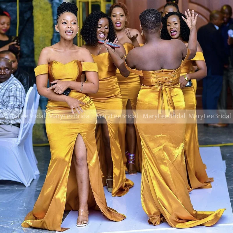 Simple Gold Yellow Bridesmaids Dress Customized Shiny Satin Off Shoulder Plus Size Front Split Wedding Guest Dresses Party Gown
