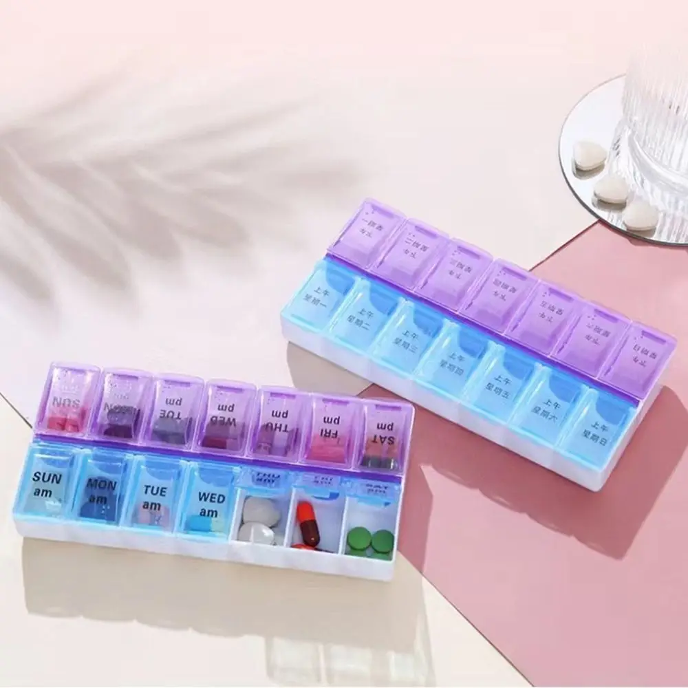 2pcs Plastic 14 Grid Pill Organizer Box Portable Clear Medicine Organizer Lightweight Moisture Proof 7 Days Pill Cases