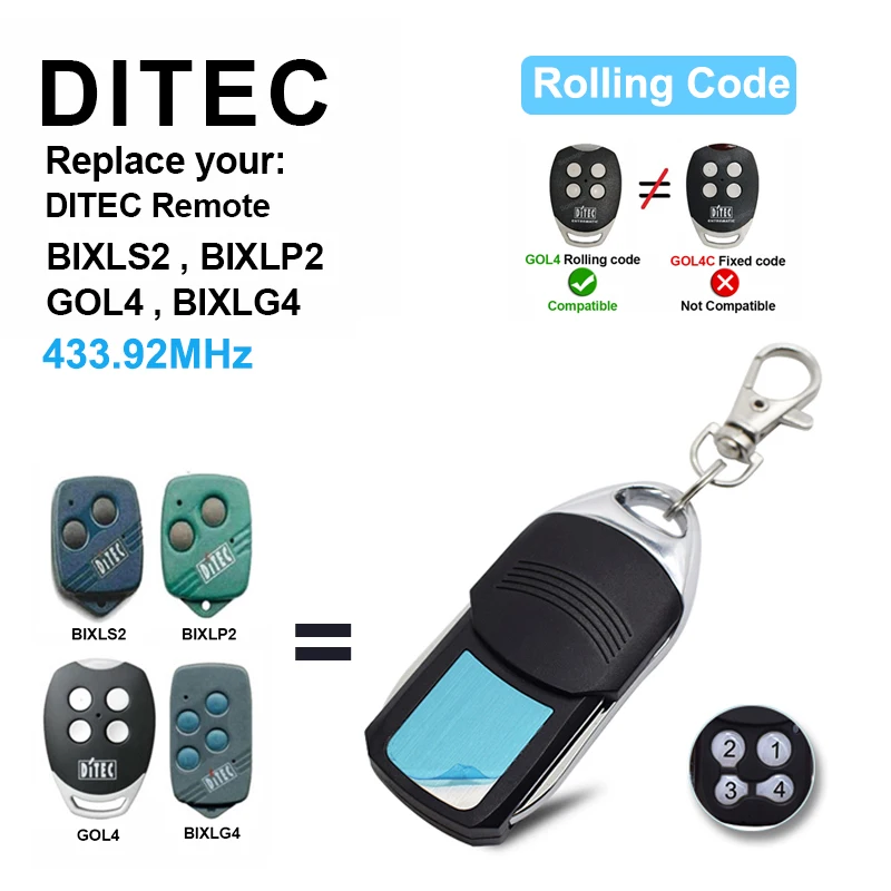 DITEC Garage Remote Control Ditec BIXLG4 GOL4 BIXLP2 BIXLS2 BIXLG4 433.92 Rolling Code DITEC Hand Transmitter Gate Door Opener