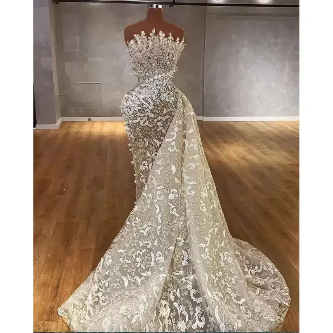 Vestidos de novia brillantes sin tirantes para mujer, vestidos de novia sexis con lentejuelas y perlas, vestido de novia largo hasta el suelo con tren lateral personalizado