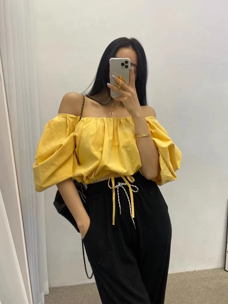 

Women's Summer New Sle Dstring ort Sve irt Square Collar Two-Way Wear Waist-Cinching Versatile Top Korean Sle