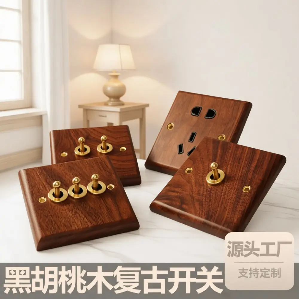 Retro Toggle Light Switch Solid Walnut Wood Brass Lever Luxury Wall Panel Artistic Home Interior Electrical Device Gear