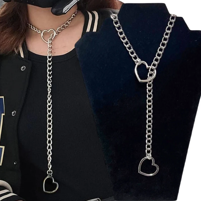 New Stainless Steel Lariat Heart Necklace Personality Heavy Punk Rock Cuban Long Chain Ring Slip Chain for Women Choker Collar