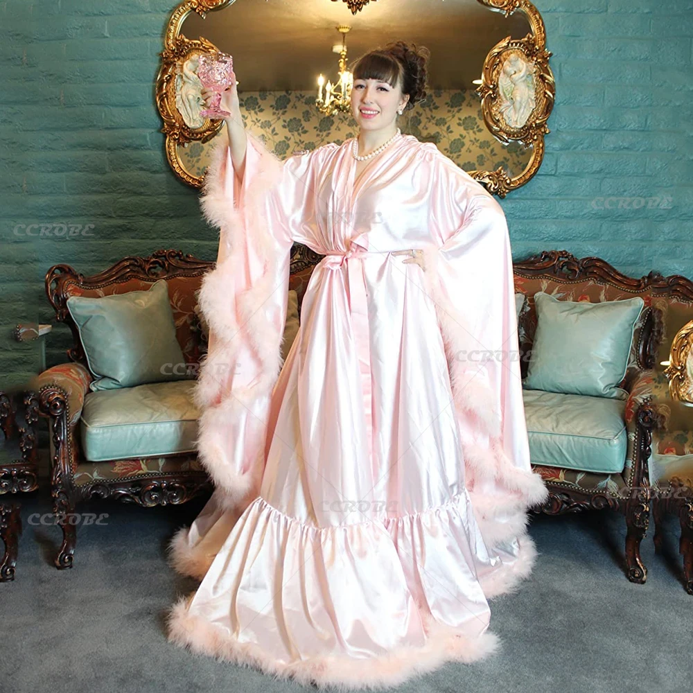 Luxury Long Bathrobe for Women Lingerie Flare Sleeves Bridal Feather Robe Silk Satin Wedding Dressing Gown Maternity Dress