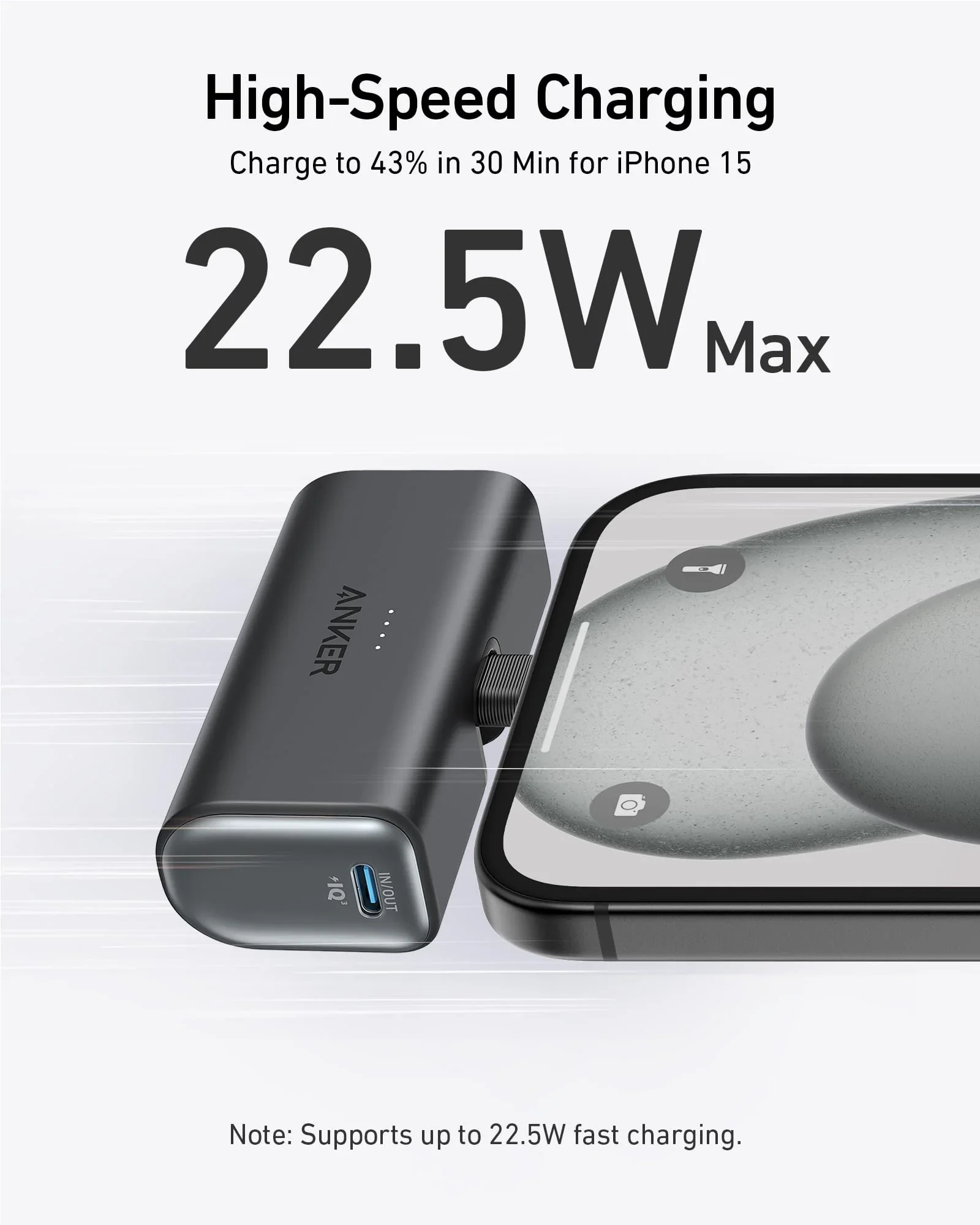 Anker Nano Mini Power Bank 5000 mAh Eingebauter USB-C-Anschluss 22,5 W tragbares Ladegerät Ersatzakku für iPhone 15/Samsung S22 A1653