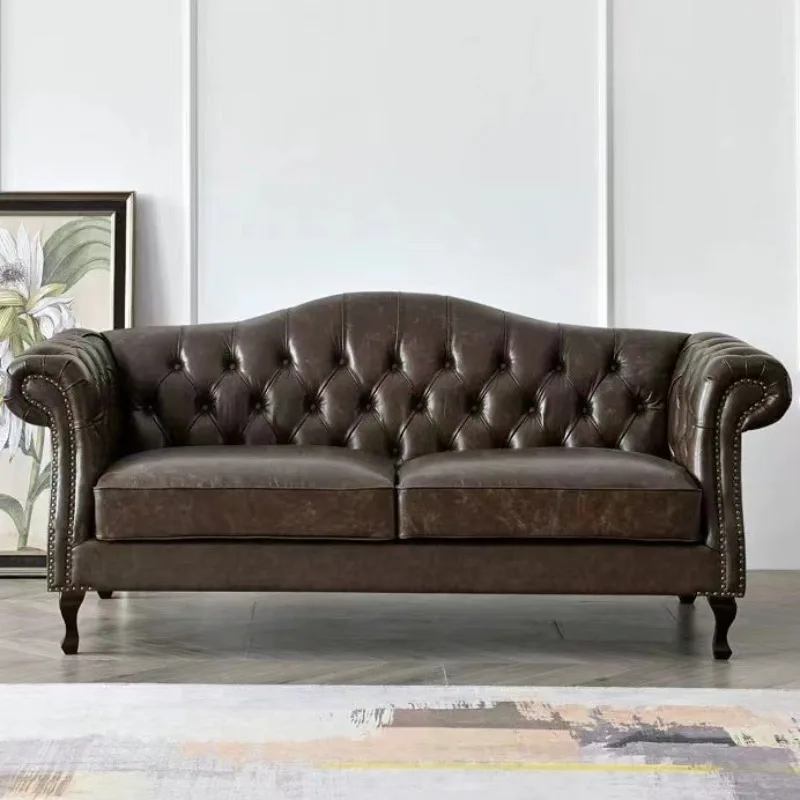 Divano in pelle americana retrò in pelle cerata a olio con pulsante di tiro leggero di lusso di fascia alta di primo strato di pelle bovina