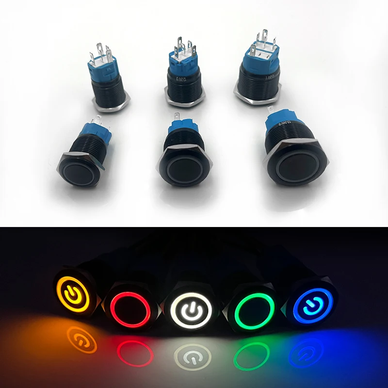

Black Aluminum Alloy Pushbutton Switch 16mm 19mm 22mm 5V 12V 24V 220V, LED 5 Color Illuminated Flat Head Self-Locking/Momentary