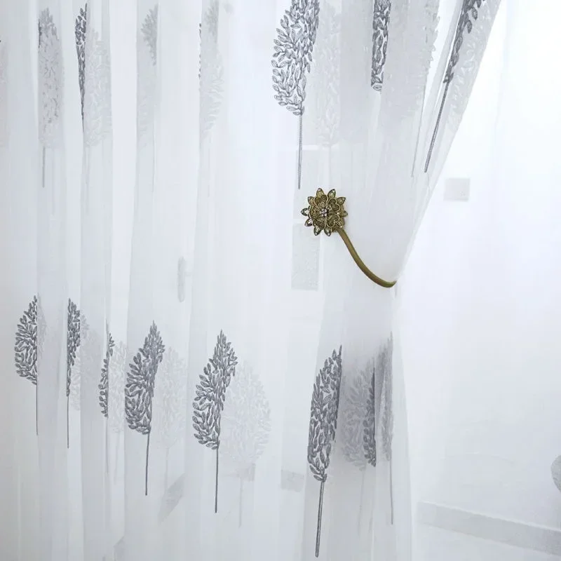 White and Gray Two-color Embroidered Leaves Gauze Curtain 1PC Simple Natural Two-color Leaves Curtain Living Room Bedroom