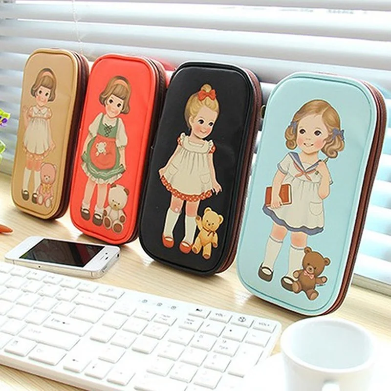 2022 Women Cute Pencil Case Cartoon Doll Girl Pattern Pen Pencil Case Bag Cosmetic Makeup Bag Material Korean Stationery Box