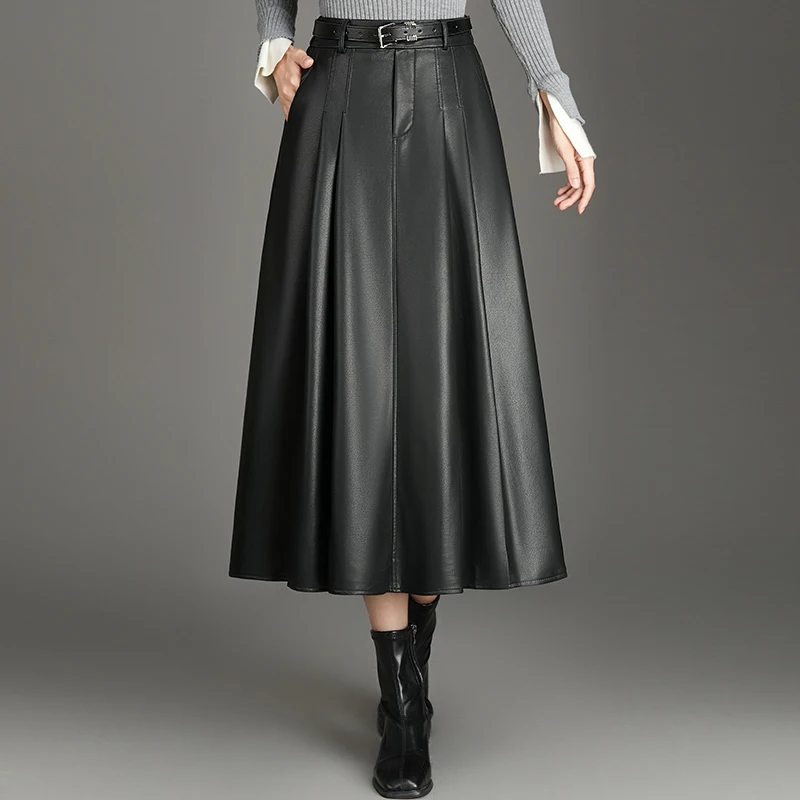 

Bla PU Leather A-Line Skirt High Waist Pleated Women's Autumn Winter plus Size Slimming Gown Maxi Skirt