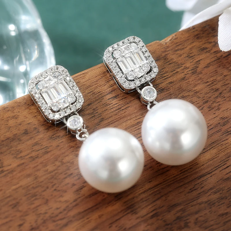 Zarte geometrische Ohrhänger aus synthetischem Zirkon und Perlen für Damen, klassischer, feiner Schmuck, minimalistische Accessoires