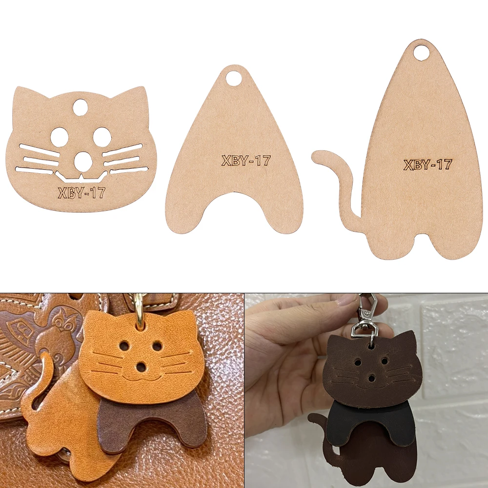 1 Set Personalisierte Niedliche Katzen-Schlüsselanhänger/Taschenanhänger - Kraftpapier-Vorlage, DIY Leder Handarbeits-Set - Nähvorlage mit Löchern