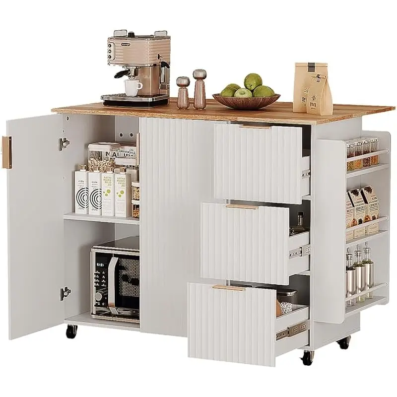 Fluted White Kitchen Cart with Foldable Countertop Tiered Shelving 3 Drawers Adjustable Cabinets Towel Bar Locking Casters Compa
