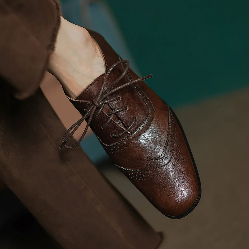 Women Basic Brogue Real Leather Comfort Flats Square Toe Woman Lace-Up Flats Cowhide Retro Oxfords For Daily British Style