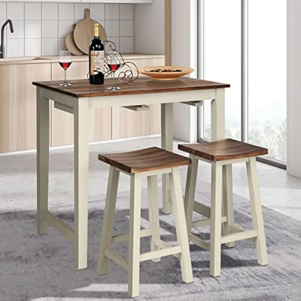 COSTWAY 3 Pieces Dining Set, Counter Height Pub Table Set with 2 Stools, Industrial Wood Breakfast Table Set for Bar