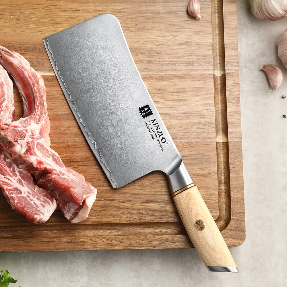 XINZUO 7 Inch Bone Chopper with Pakkawood Handle Customized 9Cr18CoMoV Steel Core Composite Steel Kitchen Knives