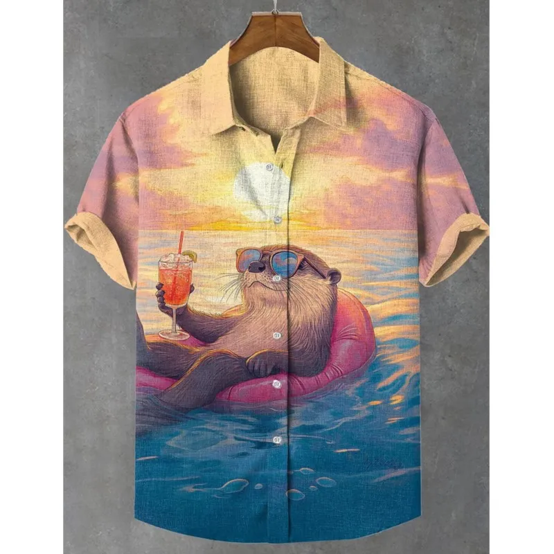 

2025 Men's Linen Tribe Totem Short Sleeve Shirt Half Cardigan Button Collar Shirt Linen Men Top Chalas Hombre Verano