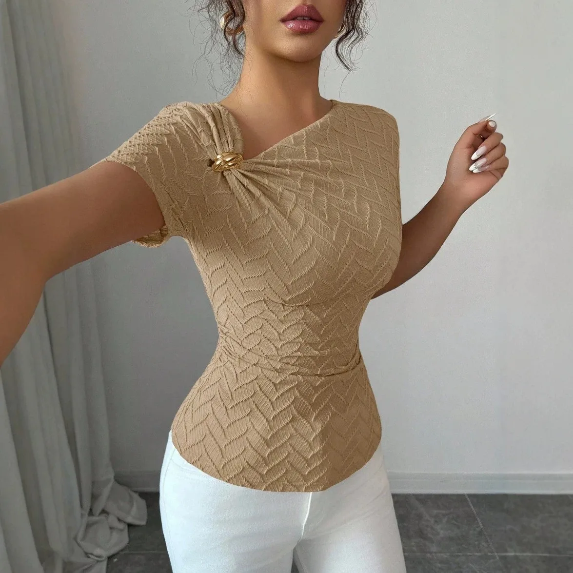 Short Sleeve T-shirt for Woman Women Round Neck Solid Color Asymmetrical Neckline Twist Knot Detail Slim Fit Pullover Beige