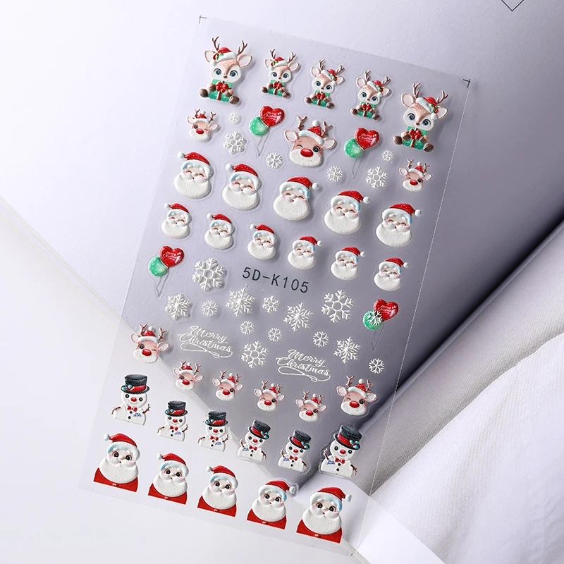 Christmas 5D Embossed Nail Art Stickers Snow man Snowflakes Cartoon Santa Claus Elk Penguins Xmas Transfer Decals DIY Manicure