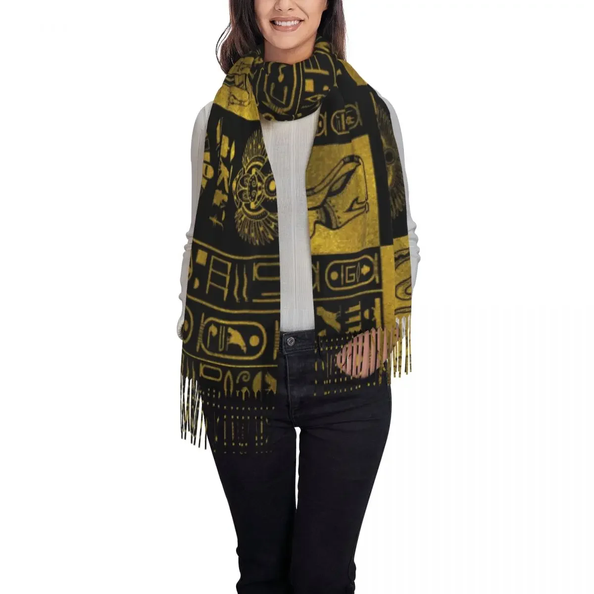 Retro Egyptian Gold Hieroglyphs And Collage Scarf Wrap Long Winter Warm Tassel Shawl Unisex Egypt Hieroglyphic Scarves