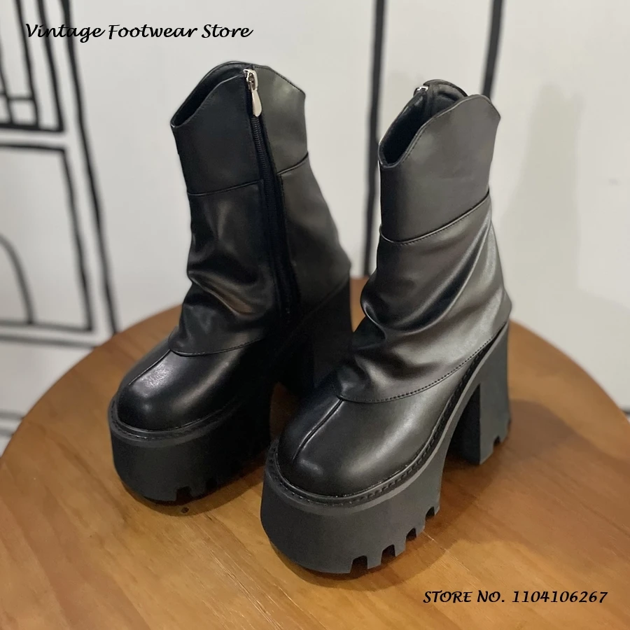 

Punk Style Platform Ankle Boots Round Toe Chunky Heel Plus Size Casual Shoes Women's Street Style Side Zipper Solid Booties