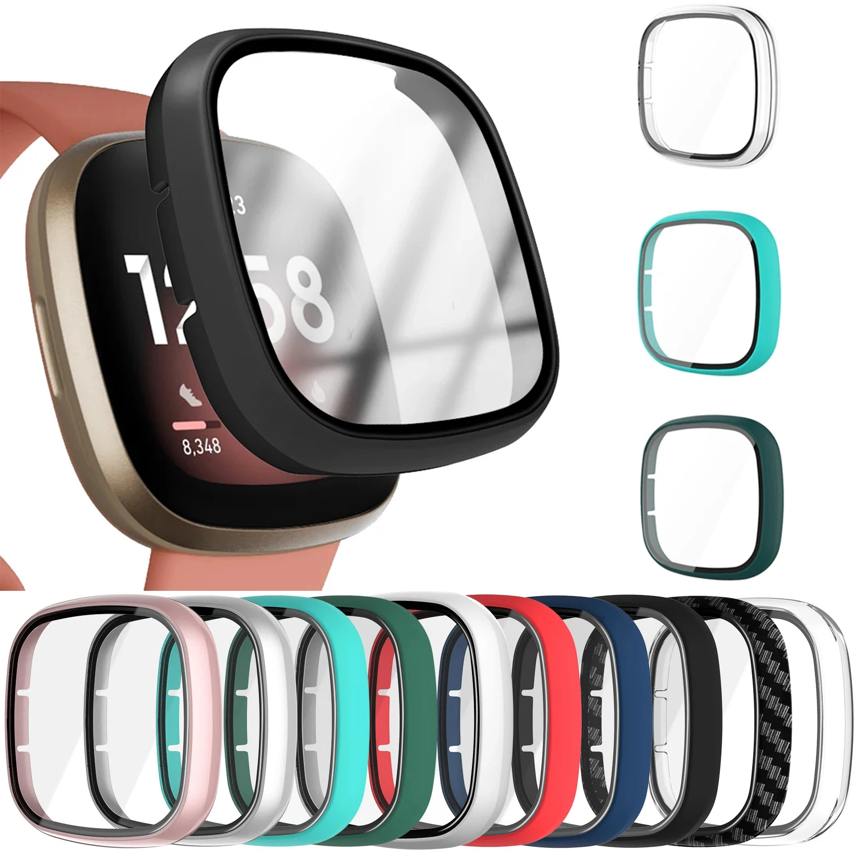 Glass+Case Full for Fitbit Versa 3 Protective Case Screen Protector Hard PC Matte Bumper Shell for Fitbit Sense All-Around Cover